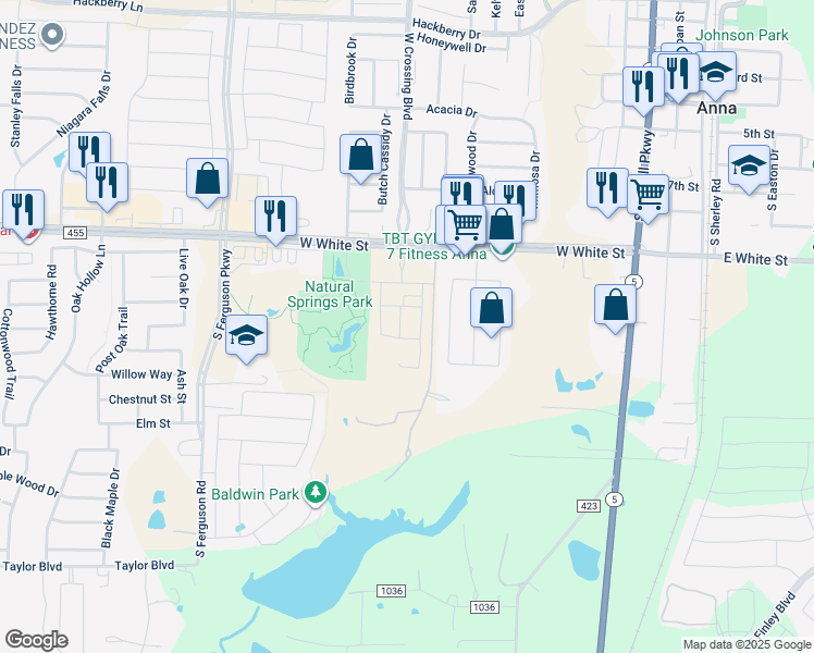 map of restaurants, bars, coffee shops, grocery stores, and more near 1029 West White Street in Anna