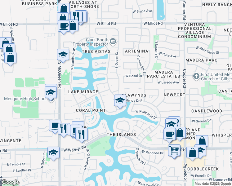 map of restaurants, bars, coffee shops, grocery stores, and more near 407 South Ocean Drive in Gilbert
