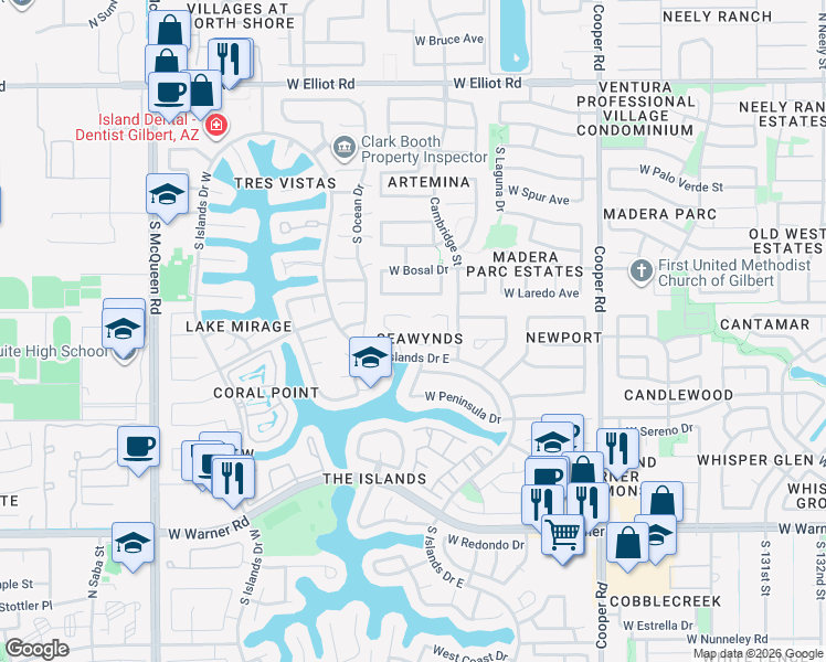 map of restaurants, bars, coffee shops, grocery stores, and more near 421 South Seawynds Boulevard in Gilbert