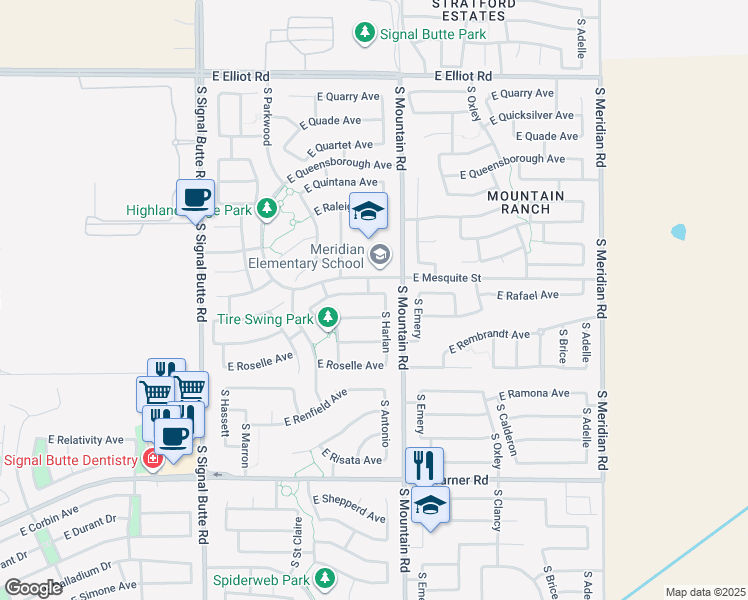 map of restaurants, bars, coffee shops, grocery stores, and more near 11119 East Rafael Avenue in Mesa
