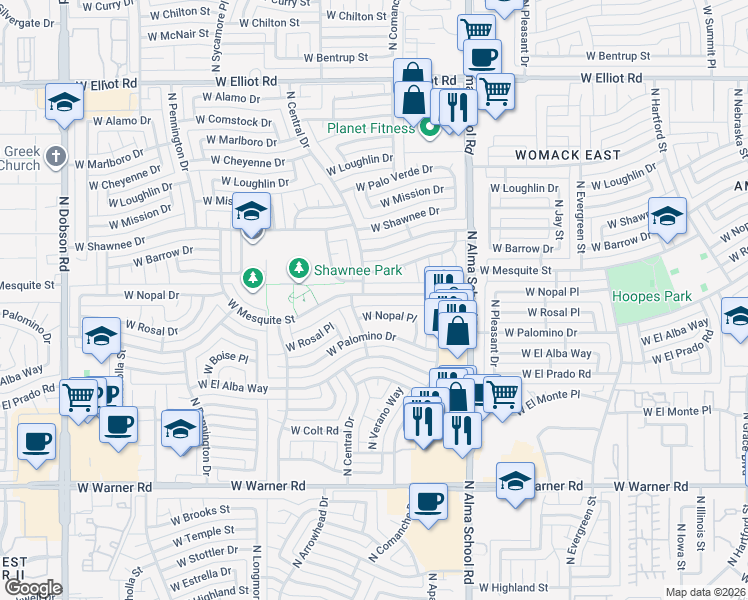 map of restaurants, bars, coffee shops, grocery stores, and more near 1201 West Mesquite Street in Chandler