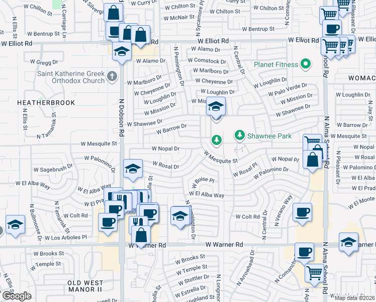map of restaurants, bars, coffee shops, grocery stores, and more near 1614 West Nopal Drive in Chandler