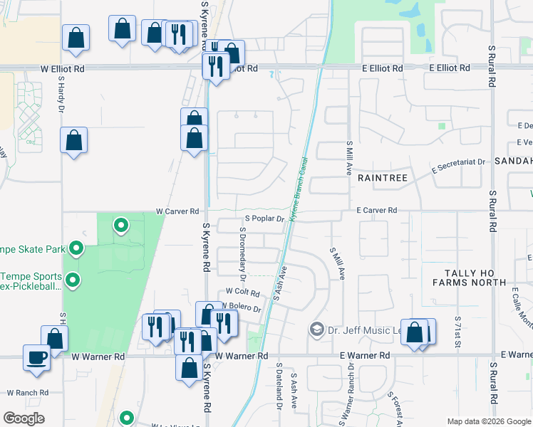 map of restaurants, bars, coffee shops, grocery stores, and more near 272 West Buena Vista Drive in Tempe
