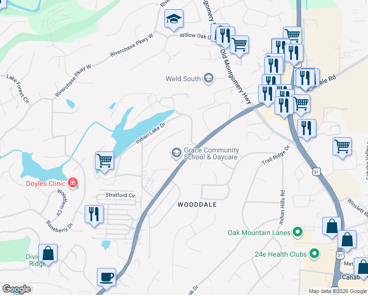 map of restaurants, bars, coffee shops, grocery stores, and more near 8841 Helena Road in Pelham