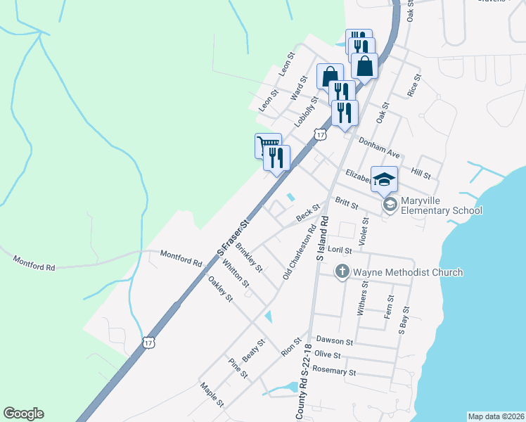 map of restaurants, bars, coffee shops, grocery stores, and more near 2305 South Fraser Street in Georgetown