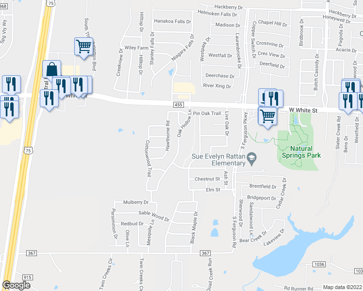 map of restaurants, bars, coffee shops, grocery stores, and more near 1009 Oak Hollow Lane in Anna