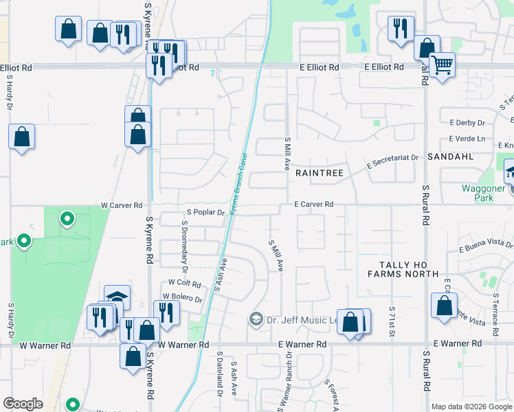 map of restaurants, bars, coffee shops, grocery stores, and more near 8209 South Mill Avenue in Tempe