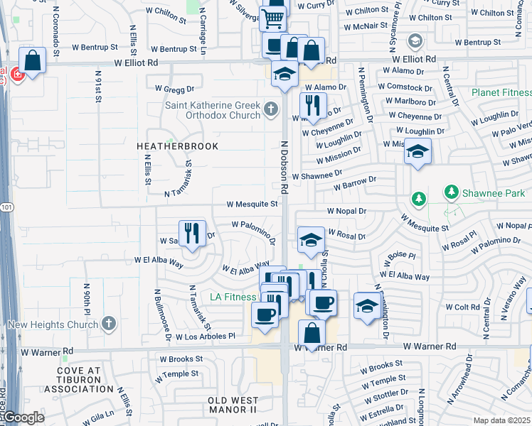 map of restaurants, bars, coffee shops, grocery stores, and more near 2005 West Mesquite Street in Chandler