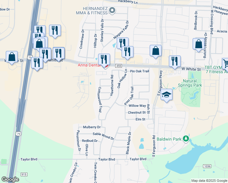 map of restaurants, bars, coffee shops, grocery stores, and more near 1005 Hawthorne Road in Anna