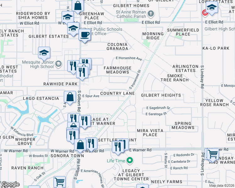 map of restaurants, bars, coffee shops, grocery stores, and more near 236 East Spur Avenue in Gilbert