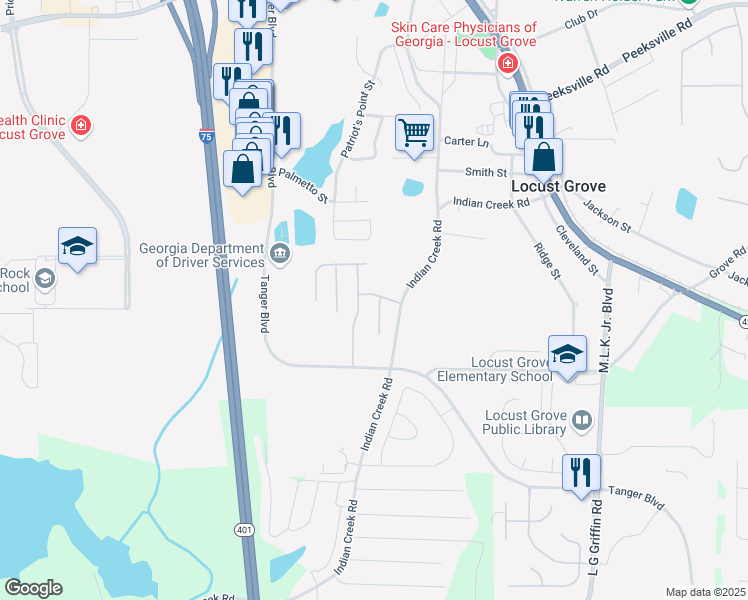 map of restaurants, bars, coffee shops, grocery stores, and more near 201 Polo Lane in Locust Grove