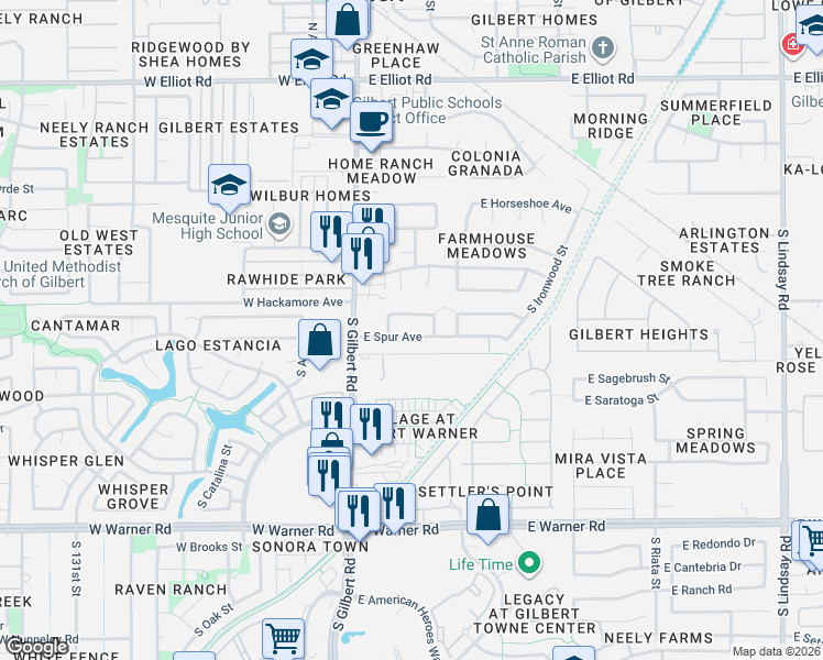 map of restaurants, bars, coffee shops, grocery stores, and more near 104 East Spur Avenue in Gilbert