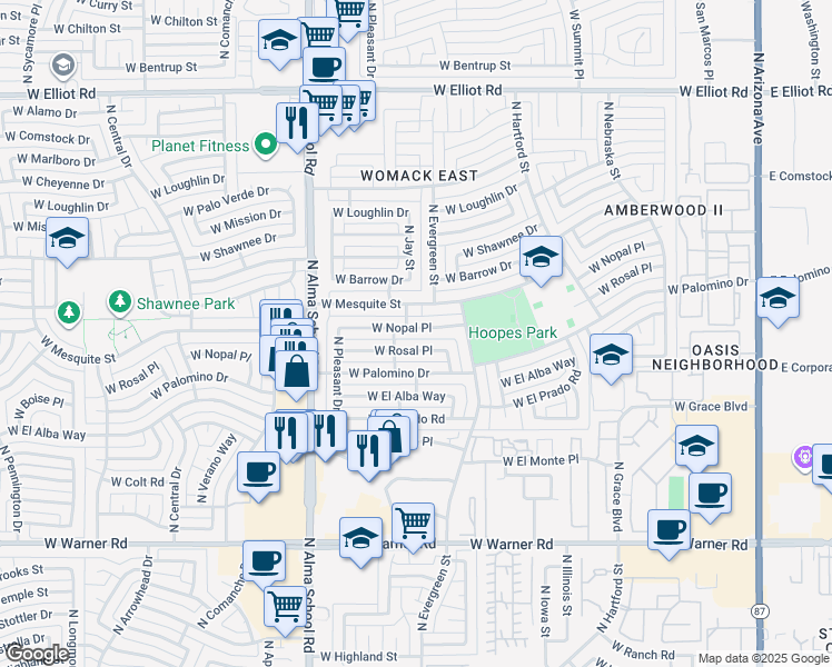 map of restaurants, bars, coffee shops, grocery stores, and more near 719 West Nopal Place in Chandler