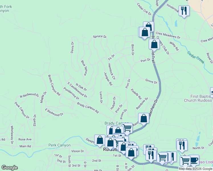 map of restaurants, bars, coffee shops, grocery stores, and more near 199 Kingwood Place in Ruidoso