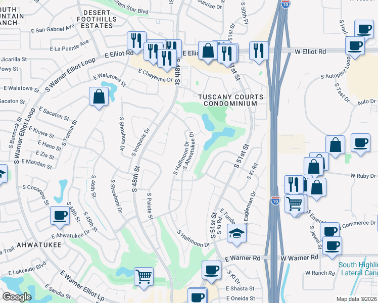 map of restaurants, bars, coffee shops, grocery stores, and more near 11617 South Halfmoon Drive in Phoenix