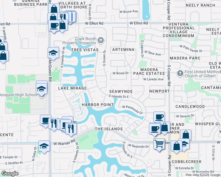 map of restaurants, bars, coffee shops, grocery stores, and more near 407 South Ocean Drive in Gilbert