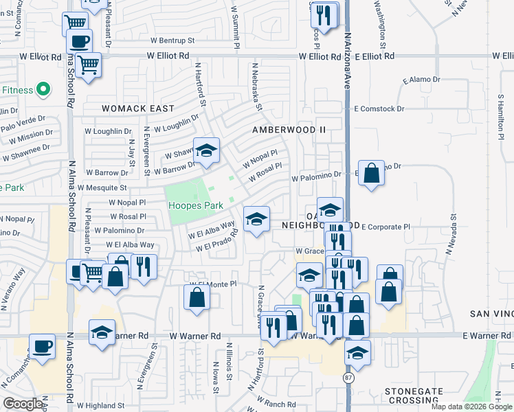 map of restaurants, bars, coffee shops, grocery stores, and more near 318 West El Alba Way in Chandler