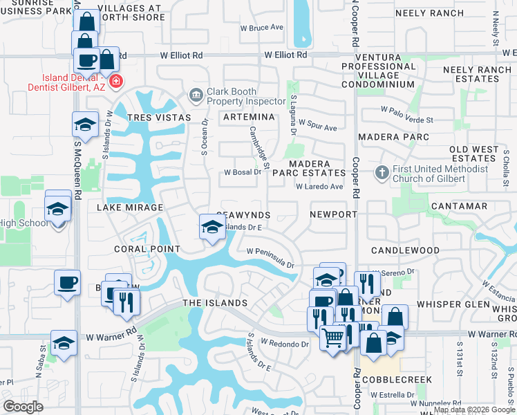 map of restaurants, bars, coffee shops, grocery stores, and more near 502 South Sunrise Drive in Gilbert