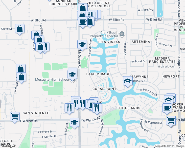 map of restaurants, bars, coffee shops, grocery stores, and more near 417 South Lake Mirage Drive in Gilbert