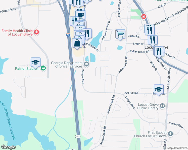 map of restaurants, bars, coffee shops, grocery stores, and more near 568 Hansen Drive in Locust Grove