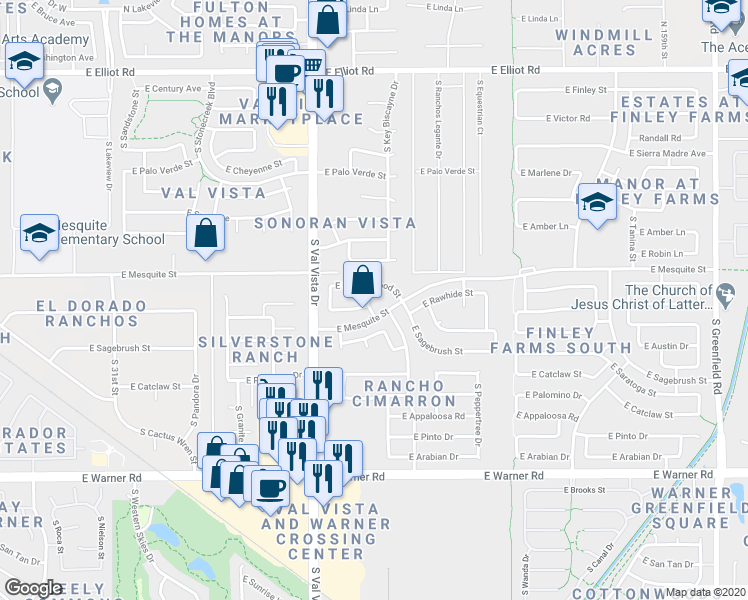 map of restaurants, bars, coffee shops, grocery stores, and more near 457 South Bahama Drive in Gilbert