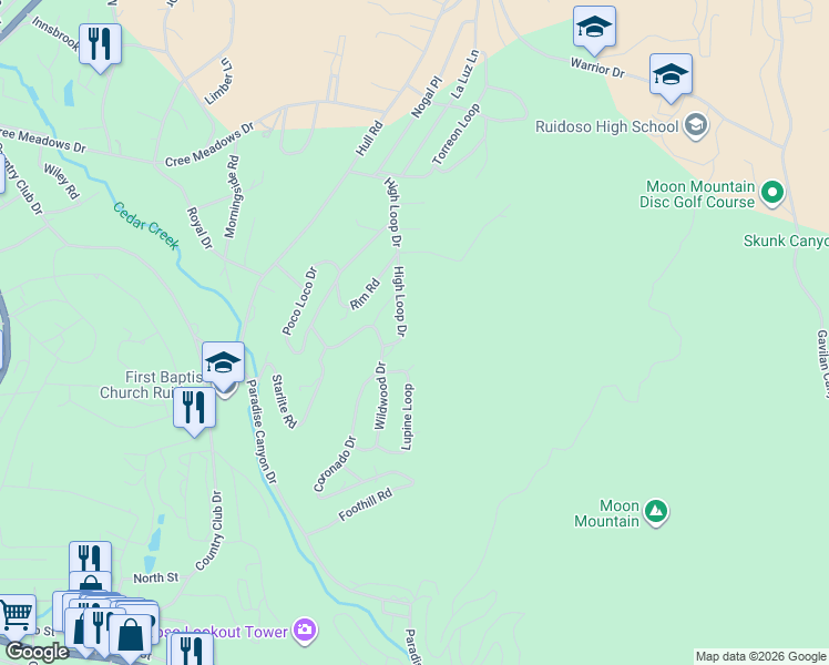 map of restaurants, bars, coffee shops, grocery stores, and more near 217 High Loop Drive in Ruidoso