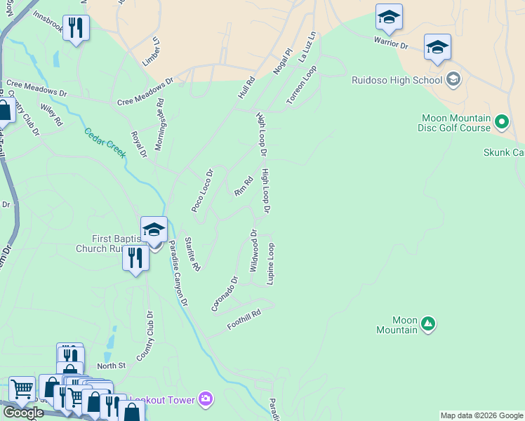 map of restaurants, bars, coffee shops, grocery stores, and more near 217 High Loop Drive in Ruidoso