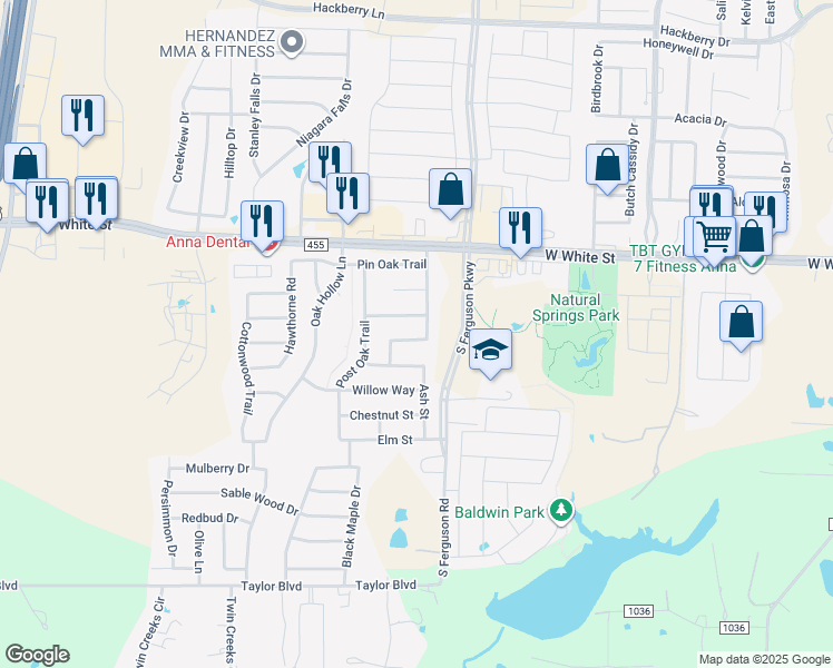 map of restaurants, bars, coffee shops, grocery stores, and more near 1606 Red Oak Trail in Anna