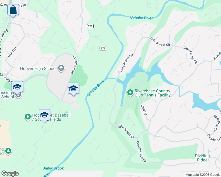 map of restaurants, bars, coffee shops, grocery stores, and more near 1904 River Woods Road in Hoover
