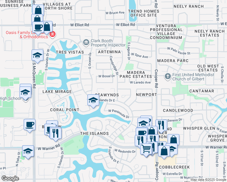 map of restaurants, bars, coffee shops, grocery stores, and more near 502 South Sunrise Drive in Gilbert