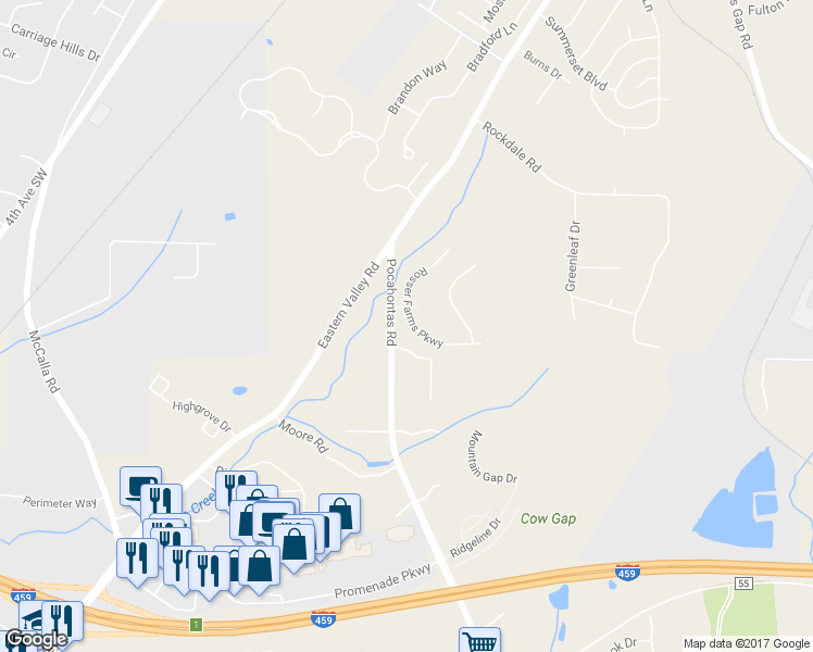 map of restaurants, bars, coffee shops, grocery stores, and more near 4635 Rosser Farms Parkway in Bessemer