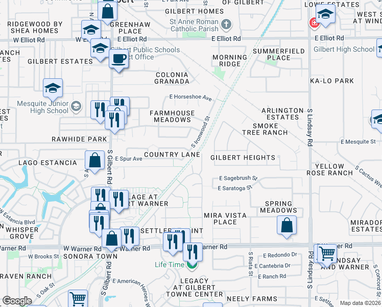 map of restaurants, bars, coffee shops, grocery stores, and more near 441 South Ironwood Street in Gilbert