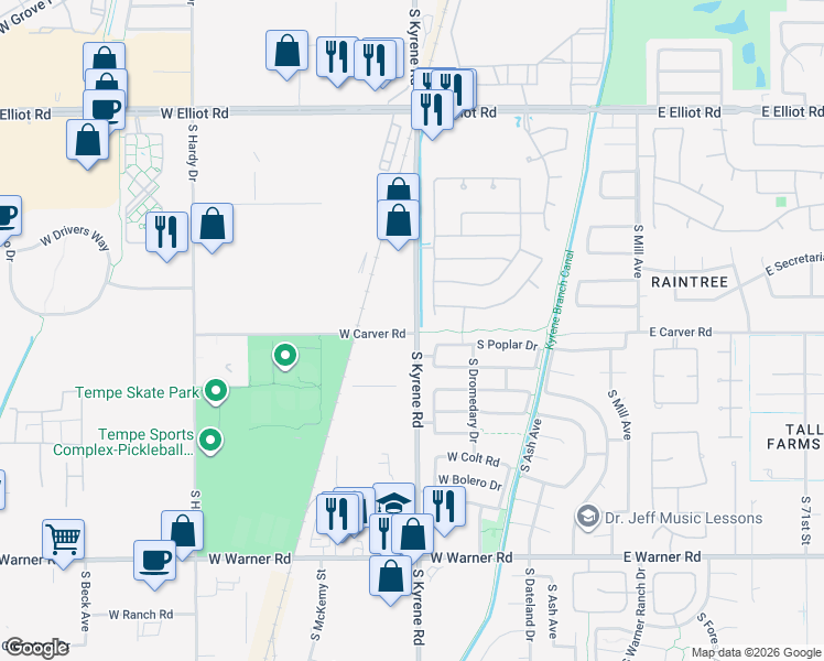 map of restaurants, bars, coffee shops, grocery stores, and more near 27a West Carver Road in Tempe
