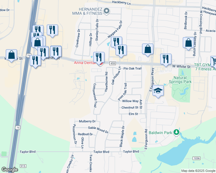 map of restaurants, bars, coffee shops, grocery stores, and more near 1005 Hawthorne Road in Anna