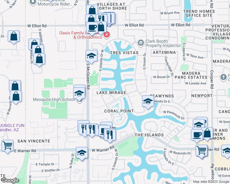 map of restaurants, bars, coffee shops, grocery stores, and more near 1414 W Lake Mirage Ct in Gilbert