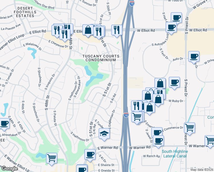 map of restaurants, bars, coffee shops, grocery stores, and more near 11620 South 51st Street in Phoenix