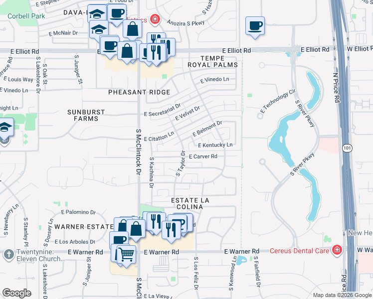 map of restaurants, bars, coffee shops, grocery stores, and more near 8122 South Taylor Drive in Tempe