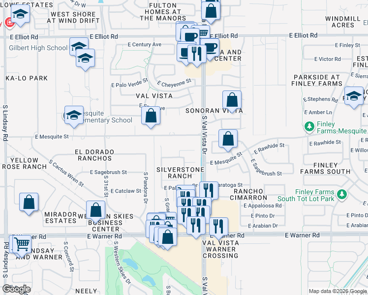 map of restaurants, bars, coffee shops, grocery stores, and more near 1524 East Stirrup Court in Gilbert