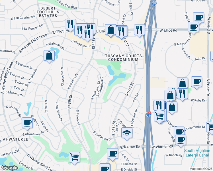 map of restaurants, bars, coffee shops, grocery stores, and more near 11619 South Jokake Street in Phoenix