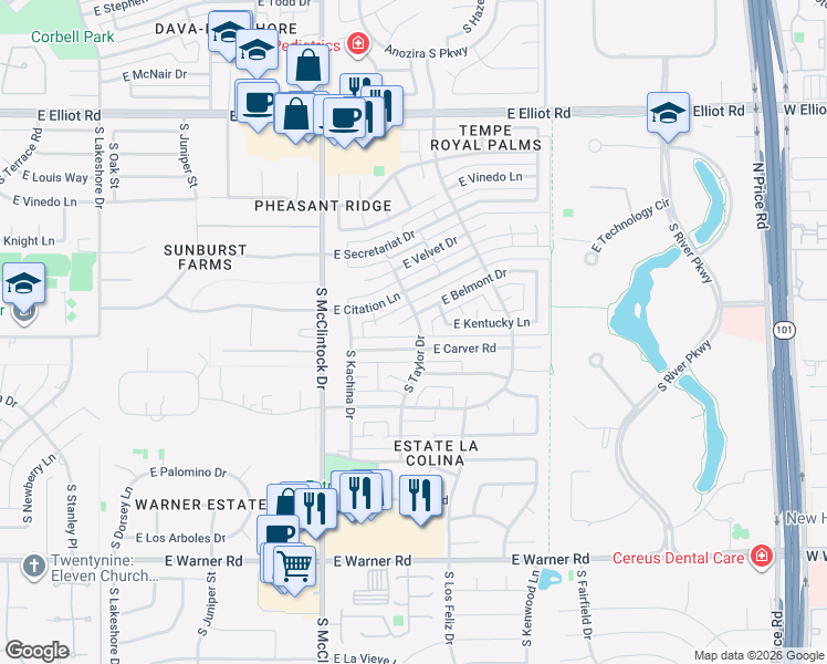 map of restaurants, bars, coffee shops, grocery stores, and more near 8122 South Taylor Drive in Tempe