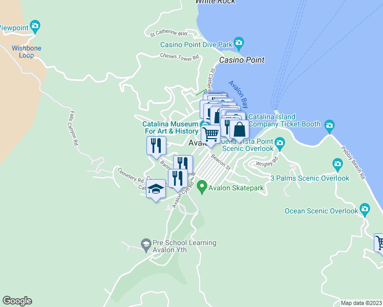 map of restaurants, bars, coffee shops, grocery stores, and more near 335 Metropole Avenue in Avalon