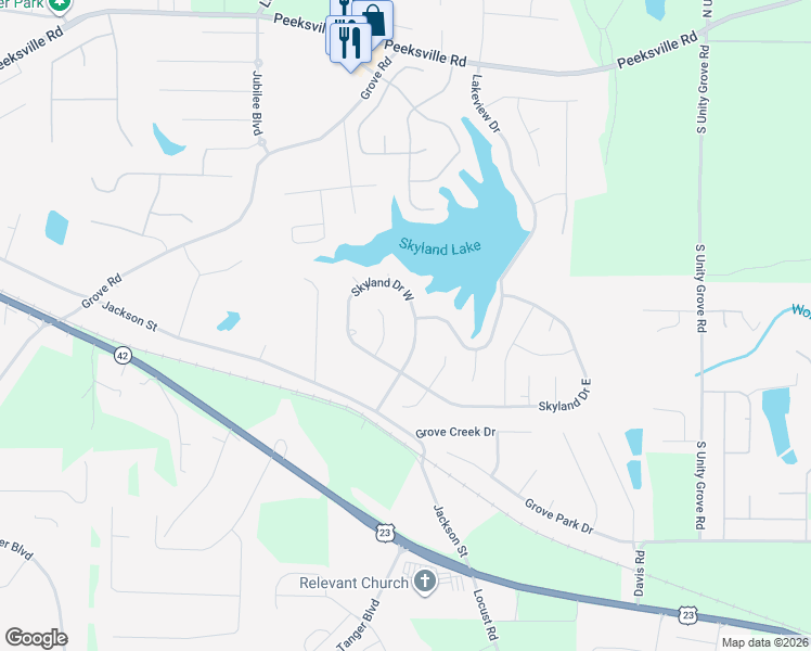 map of restaurants, bars, coffee shops, grocery stores, and more near 62 Skyland Drive in Locust Grove