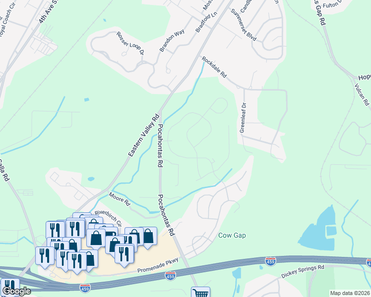 map of restaurants, bars, coffee shops, grocery stores, and more near 4680 Rosser Farms Parkway in Bessemer