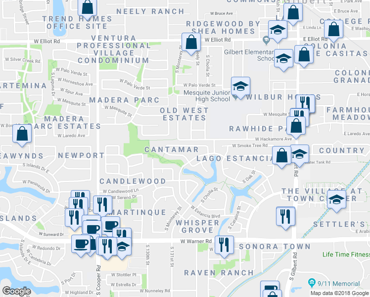 map of restaurants, bars, coffee shops, grocery stores, and more near 457 West Smoke Tree Road in Gilbert