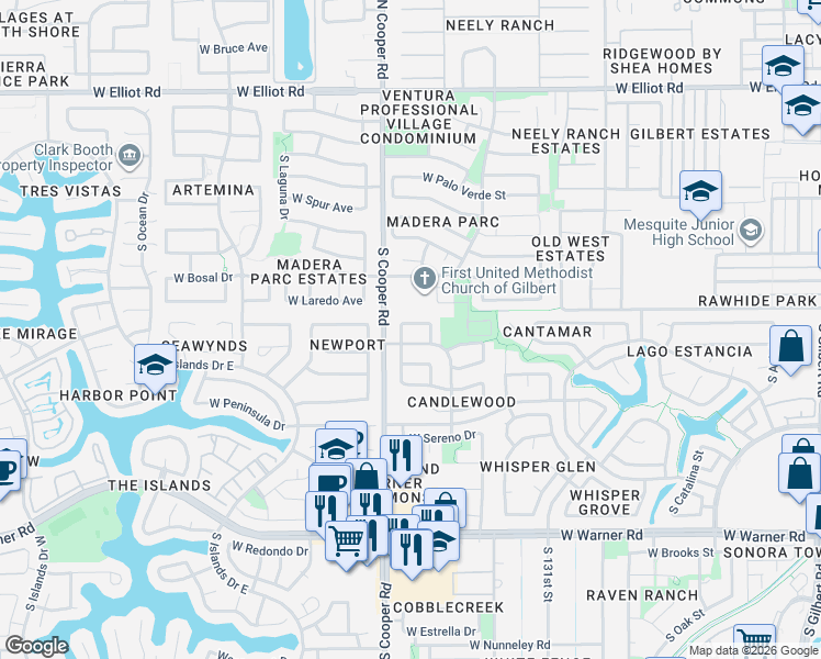 map of restaurants, bars, coffee shops, grocery stores, and more near 725 West Hackamore Street in Gilbert