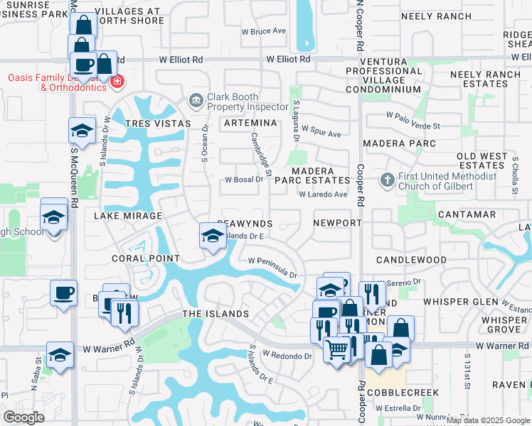 map of restaurants, bars, coffee shops, grocery stores, and more near 502 South Sunrise Drive in Gilbert