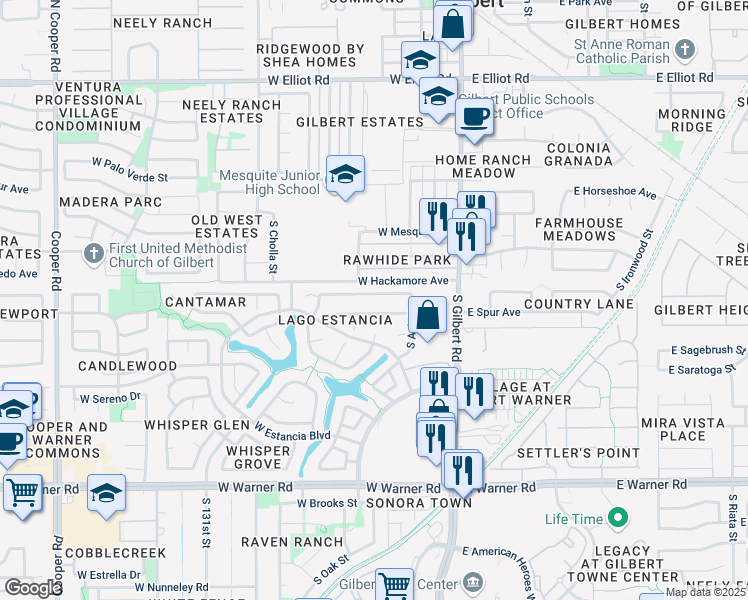 map of restaurants, bars, coffee shops, grocery stores, and more near 173 West Smoke Tree Road in Gilbert