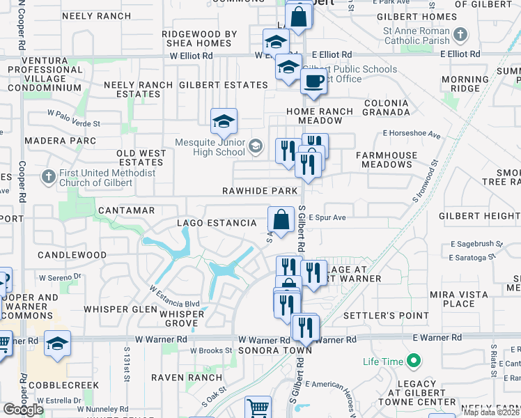 map of restaurants, bars, coffee shops, grocery stores, and more near 113 West Smoke Tree Road in Gilbert