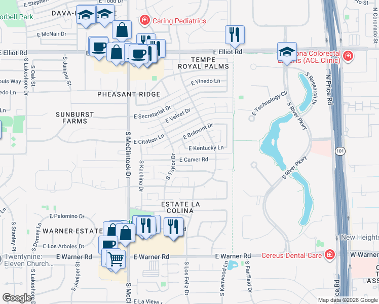 map of restaurants, bars, coffee shops, grocery stores, and more near 1915 East Kentucky Lane in Tempe