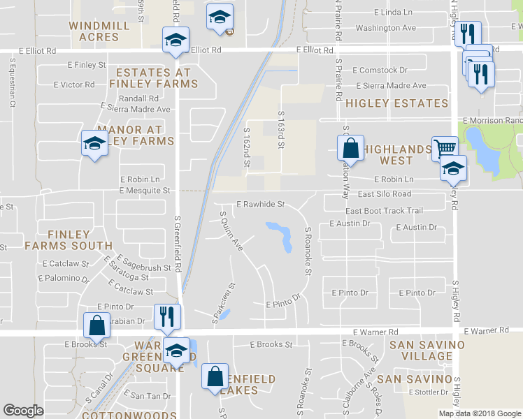 map of restaurants, bars, coffee shops, grocery stores, and more near 2645 East Rawhide Street in Gilbert